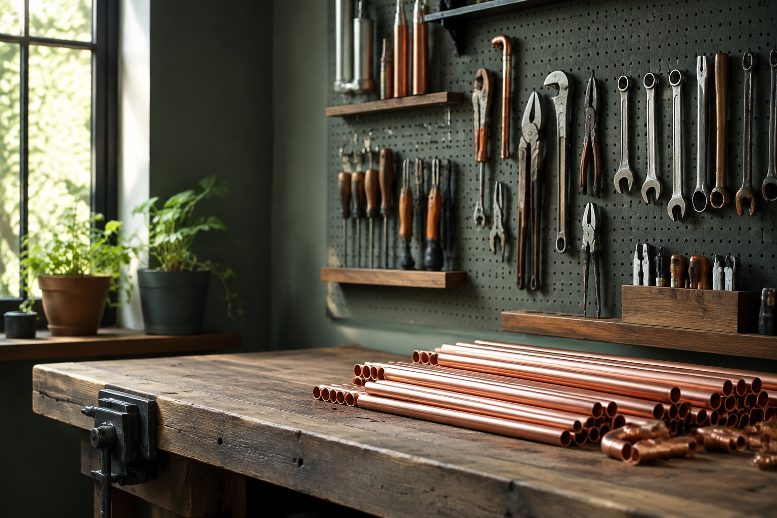 Établi en bois massif d'un atelier de plomberie, tubes de cuivre et raccords posés dessus, clés et pinces alignées sur un panneau perforé vert
